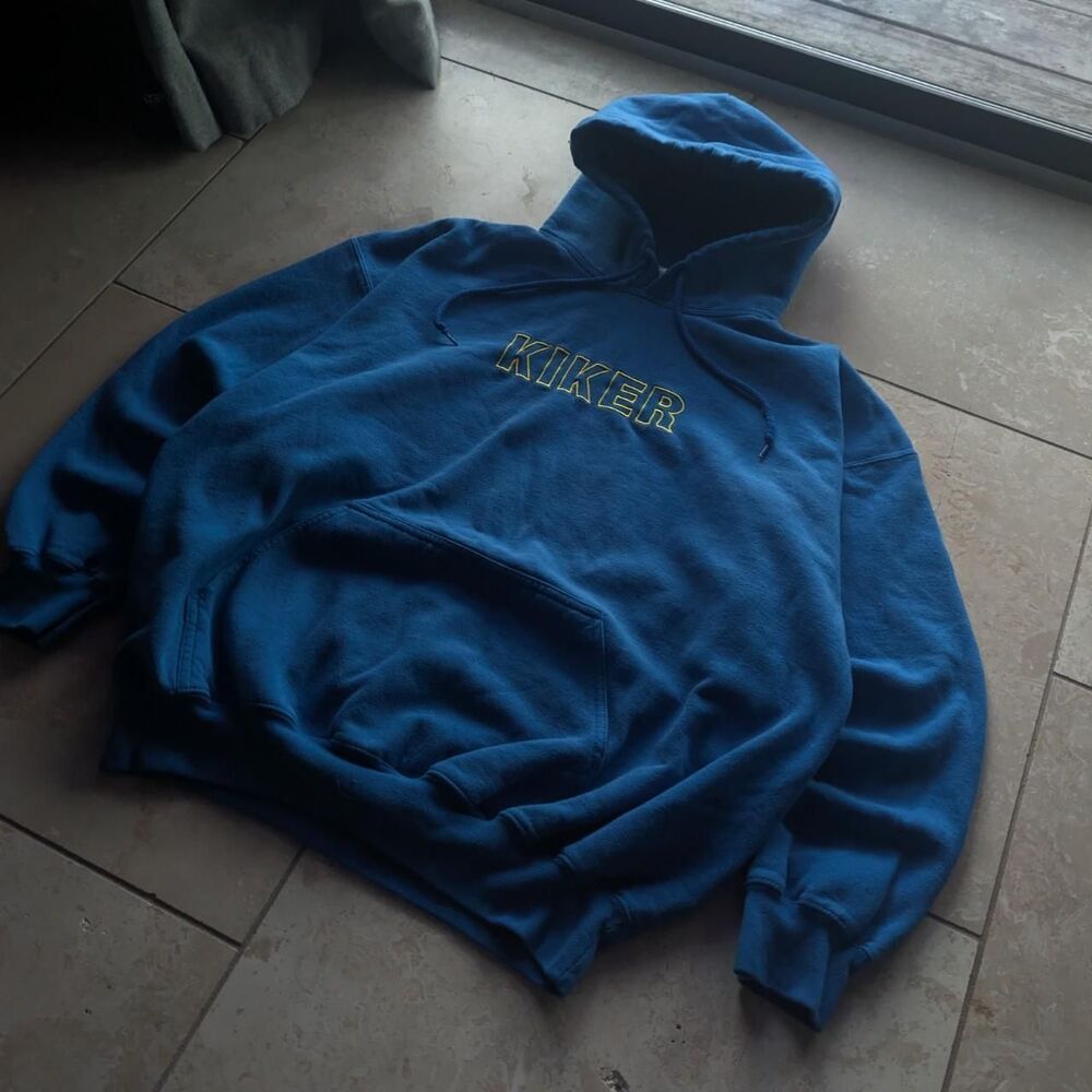 Vintage Blue KIKER Boxy Embroidered Graphic Hoodie Sweatshirt